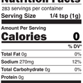 Graphic of a standard Nutrition Facts label detailing 0 Calories, 283 servings per container, and 270mg Sodium