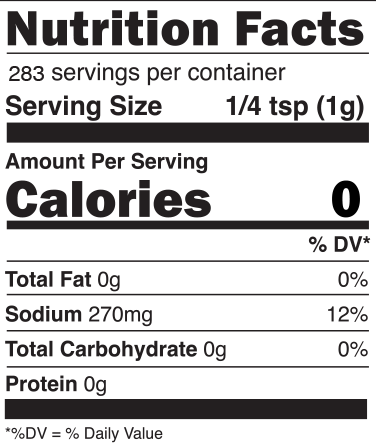 Graphic of a standard Nutrition Facts label detailing 0 Calories, 283 servings per container, and 270mg Sodium