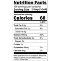 Digital nutrition label detailing a food product with 126 servings and 60 calories per serving, highlighting 3.5g total fat, 460mg sodium, and 0g trans fat