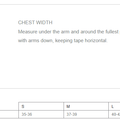 Clothing size guide diagram illustrating chest width measurement on a male torso with a yellow dotted line, providing text instructions and a size chart with small, medium, large, and extra-large dimensions
