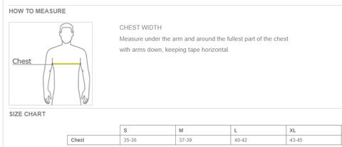 Clothing size guide diagram illustrating chest width measurement on a male torso with a yellow dotted line, providing text instructions and a size chart with small, medium, large, and extra-large dimensions