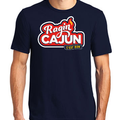 Navy blue t-shirt displaying a bold red and white "Ragin Cajun C'est Bon" graphic featuring a small orange flame and yellow accent text