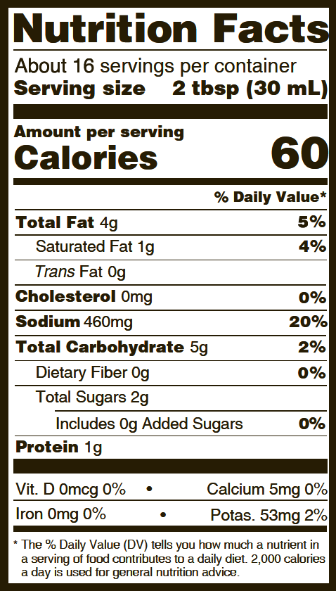 Digital image of a Nutrition Facts label displaying 60 calories per serving, 4g total fat, and 460mg sodium with 0g added sugars