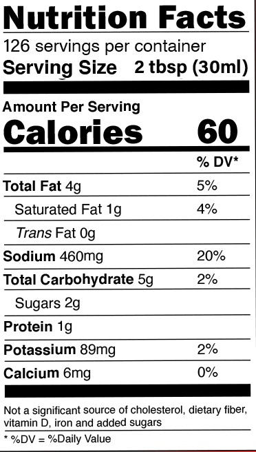 Product nutrition label displaying key nutritional information including 60 calories, 2 tbsp serving size, and 460mg of sodium