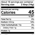 A standard Nutrition Facts label displaying 45 calories per 2 tbsp serving, 0g total fat, 330mg sodium, and 10g total carbohydrates