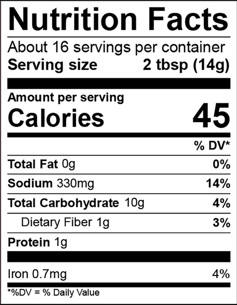 A standard Nutrition Facts label displaying 45 calories per 2 tbsp serving, 0g total fat, 330mg sodium, and 10g total carbohydrates