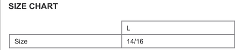 A size chart table displaying the "Size" label, a value of 14/16, and "L" for large