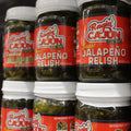 Jars of Ragin' Cajun jalapeño relish on a shelf.