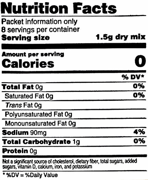 Digital display of a black and white Nutrition Facts label from a packet showing 8 servings per container 0 calories per serving 90mg sodium and 1g total carbohydrate
