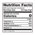 Digital graphic of a Nutrition Facts label with a red border prominently featuring 0 calories per 1/4 tsp serving size 270mg sodium and 850 servings per container