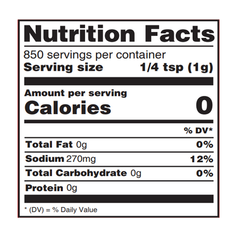 Digital graphic of a Nutrition Facts label with a red border prominently featuring 0 calories per 1/4 tsp serving size 270mg sodium and 850 servings per container