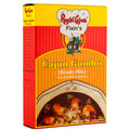 Product photography of a Ragin' Cajun Fixin's Cajun Gumbo Ready-Mix box featuring prominent red and orange stripes, a cartoon alligator chef logo, and a stylized image of dark gumbo with shrimp, rice, and okra in a white bowl