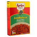 Product packaging Ragin' Cajun Jambalaya Ready-Mix box featuring vibrant red yellow and green stripes a cartoon alligator chef mascot and an appetizing image of prepared jambalaya with sausage on a white plate
