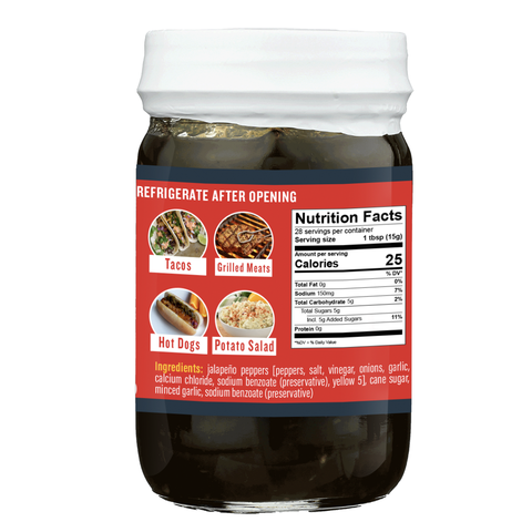 Product Photography a clear jar of dark green jalapeño relish on a white background, featuring a vibrant red label with "Nutrition Facts" showing 25 calories, "Ingredients" listing jalapeño peppers, and illustrated usage suggestions for tacos, grilled meats, hot dogs, and potato salad