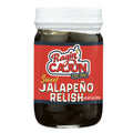 A clear glass jar of Ragin' Cajun Sweet Jalapeño Relish with a bold red label featuring white and yellow lettering, a green jalapeño graphic, and the dark green relish visible inside below a white lid
