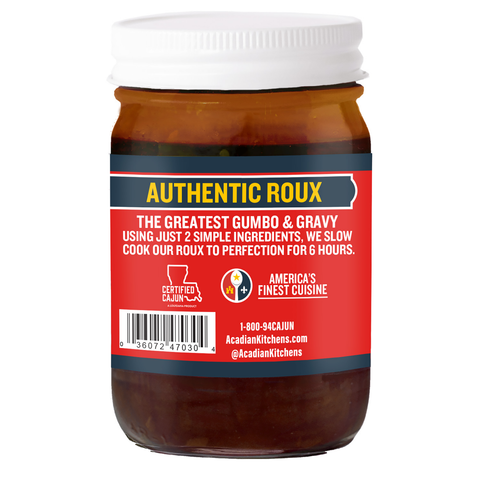 A clear glass jar of dark brown Authentic Roux with a white lid and a vibrant red, blue, and yellow label highlighting "Certified Cajun" with a Louisiana state outline logo, a fleur-de-lis, and "slow cook for 6 hours" for gumbo and gravy