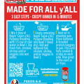Digital advertisement for Ragin' Cajun y'ALL Purpose Breading, a Louisiana certified product, featuring a vibrant red and blue design, three simple cooking steps to make crispy chicken shrimp fish and veggies, the iconic Louisiana state outline, and a QR code