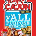 Product packaging for Ragin' Cajun Y'ALL Purpose Breading featuring a bold red, white, and blue design with a yellow 'NEW!' banner, showing images of crispy breaded chicken, fish tacos with white sauce and red cabbage, and fried pickles, alongside a smaller jar of Ragin' Cajun Y'ALL Purpose Seasoning