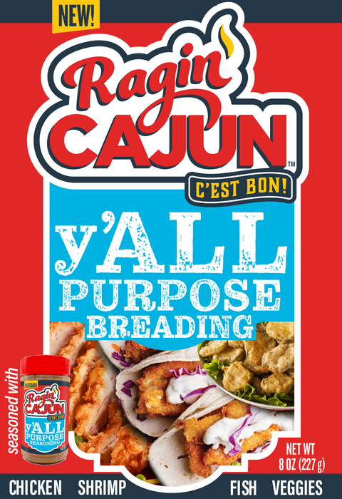 Product packaging for Ragin' Cajun Y'ALL Purpose Breading featuring a bold red, white, and blue design with a yellow 'NEW!' banner, showing images of crispy breaded chicken, fish tacos with white sauce and red cabbage, and fried pickles, alongside a smaller jar of Ragin' Cajun Y'ALL Purpose Seasoning