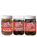 Three Ragin' Cajun branded glass jars with white lids on a clean white background, showcasing red labels for Sweet & Spicy Pickles, Sweet Jalapeño Relish, and Candied Jalapeño Slices