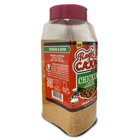A clear plastic bottle of Ragin' Cajun Chicken & Gator Seasoning & Rub with a vibrant red cap, featuring a green and red label adorned with a cartoon alligator chef and the 'Certified Cajun A Louisiana Product' seal