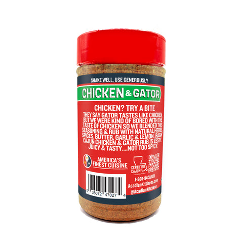 Acadian Kitchens Chicken & Gator Seasoning & Rub in a clear plastic jar with a bright red cap and bold green and white text, highlighted by a Certified Cajun Louisiana product seal and described as zesty juicy and tasty with natural herbs spices butter garlic and lemon