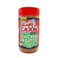 Product photo of a Ragin' Cajun Chicken & Gator Seasoning + Rub jar featuring a bright red label with the bold Ragin' Cajun logo, a gator chef mascot, and green 'Chicken & Gator' text