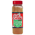 A product image of Ragin' Cajun Chicken & Gator seasoning + rub in a clear plastic bottle with a vibrant red cap, striking red and green label featuring the text "C'est Bon!", and a playful cartoon alligator chef