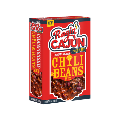 Product photograph of Ragin' Cajun Championship Chili & Beans Mix box featuring vibrant red and black packaging a prominent brand logo with stylized flames and a gold trophy icon above an appetizing image of chili and beans