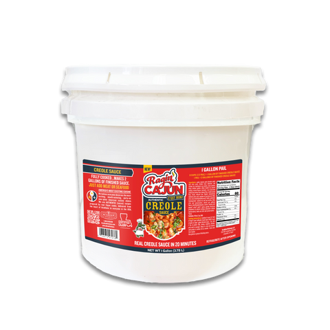Product packaging, Ragin' Cajun 1-gallon pail of Authentic Creole Sauce featuring the "Ragin' Cajun C'est Bon!" logo, a cartoon alligator chef, a vibrant image of finished creole sauce with seafood and vegetables, and a Louisiana state shape outline