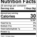 Nutrition Facts label displaying 30 calories, 0g total fat, and 7g total carbohydrate per 1 tablespoon serving