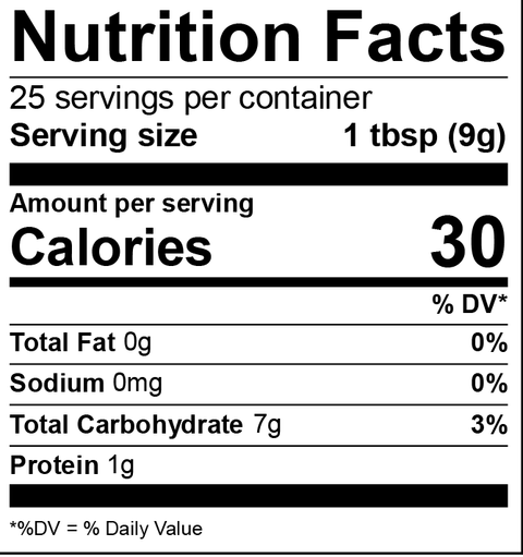 Nutrition Facts label displaying 30 calories, 0g total fat, and 7g total carbohydrate per 1 tablespoon serving
