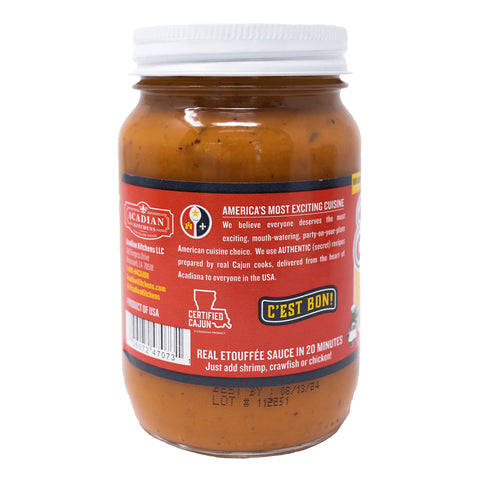 Product photo by Acadian Kitchens of a glass jar of Real Etouffée Sauce from Acadiana, Louisiana, USA, showcasing an orange-brown sauce, a vibrant red label with the "Certified Cajun" logo and Louisiana state outline, and "C'EST BON!" in a speech bubble
