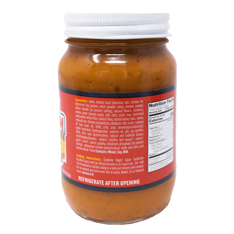 A glass jar of Ragin' Cajun Authentic Etouffee Sauce featuring a rich orange-brown color with visible spices, a red label clearly detailing ingredients and cooking instructions including 'Serves 6-8', and a white ribbed lid with a bold 'REFRIGERATE AFTER OPENING' message