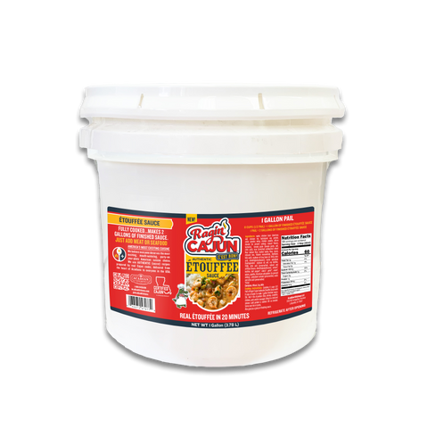 Product photograph of a white 1-gallon pail of Ragin' Cajun Authentic Étouffée Sauce, a Louisiana product, featuring a red and yellow label with a cartoon alligator chef, an appetizing image of shrimp étouffée over rice, and text stating REAL ÉTOUFFÉE IN 20 MINUTES