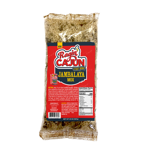 A clear plastic pouch of Ragin' Cajun Jambalaya Mix, prominently displaying a red, yellow, and blue label with "NEW!" banner, "C'EST BON!" slogan, and nutritional facts, revealing seasoned white rice inside against a white background