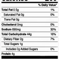 Photograph of a standard black and white nutrition facts label with 200 calories per serving, 44g total carbohydrates, 690mg sodium, and 4g protein