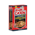 Ragin' Cajun Authentic Jambalaya Mix box featuring a prominent red and dark blue design, the "C'est Bon!" slogan, an appetizing image of jambalaya with chicken and sausage, and "Ready in 25 minutes" text