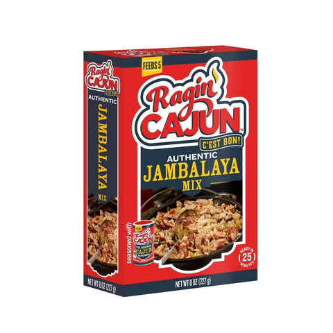 Ragin' Cajun Authentic Jambalaya Mix box featuring a prominent red and dark blue design, the "C'est Bon!" slogan, an appetizing image of jambalaya with chicken and sausage, and "Ready in 25 minutes" text