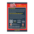 Product label for Ragin' Cajun Authentic Jambalaya mix featuring a bold red background, the "C'EST BON!" tagline, detailed stove top and instant pot cooking directions, a QR code for more food information, and a small image of the Ragin' Cajun seasoning can