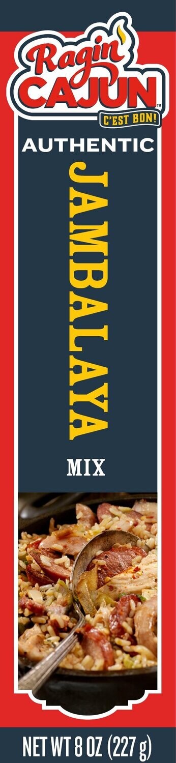 Ragin' Cajun product packaging for Authentic Jambalaya Mix featuring a red border, dark blue panel, yellow vertical 'JAMBALAYA' text, the 'Ragin' Cajun C'est Bon!' flame logo, and an image of savory jambalaya with chicken and sausage in a pan