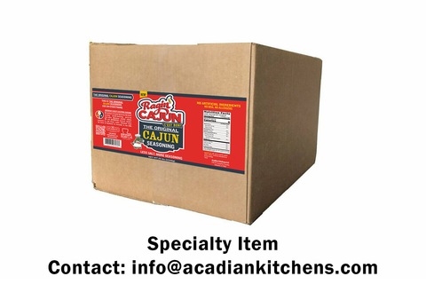 Product photograph of a large cardboard box of Ragin' Cajun The Original Cajun Seasoning, prominently featuring its vibrant red label with a cartoon alligator mascot and text indicating "Less Salt, More Seasoning" with a net weight of 25 lbs
