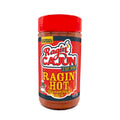 Product photograph of a Ragin' Cajun Ragin' Hot Seasoning & Rub bottle featuring a bright red cap and label, a cartoon crawfish chef character, and bold flame graphics