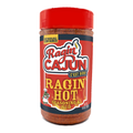 A red cylindrical Ragin' Cajun Hot Seasoning & Rub bottle with a matching red cap, featuring a cartoon alligator chef, the brand name "Ragin' Cajun C'est Bon!" with a flame on the 'i', and "Ragin' Hot" text over fire graphics, all highlighted as a new resealable container