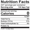 Nutrition Facts label showing 0 calories 250mg sodium and a serving size of 1/4 teaspoon