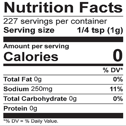 Nutrition Facts label showing 0 calories 250mg sodium and a serving size of 1/4 teaspoon