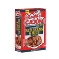 Product box for Ragin' Cajun Authentic Red Beans & Rice Mix, featuring a vibrant red and navy blue design, a bold C'est Bon slogan, an inviting image of a savory bowl of red beans, rice, and meat, a prominent Feeds 5 label, and a speedy Ready in 25 minutes indicator
