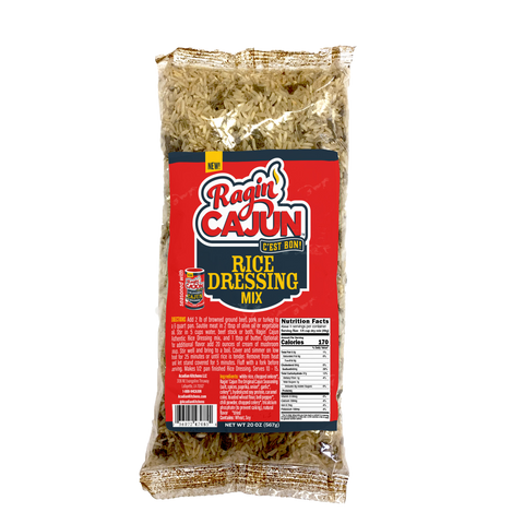 Product photography of Ragin' Cajun Rice Dressing Mix in a transparent bag, featuring a vibrant red label with "Ragin' Cajun C'EST BON!" in white script, a yellow "NEW!" banner, and visible nutrition facts and cooking directions