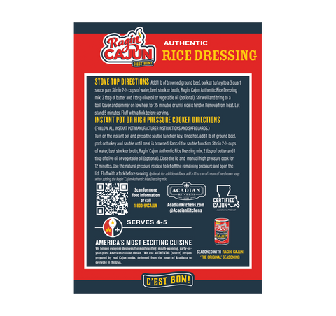 Product label for Ragin' Cajun Authentic Rice Dressing mix, a Certified Cajun Louisiana product, featuring stove top and instant pot cooking instructions on a vibrant red background with the Ragin' Cajun chili pepper logo and a QR code