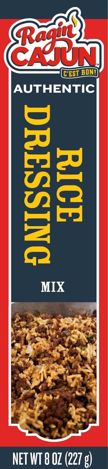 Product packaging for Ragin' Cajun Authentic Dressing Rice Mix featuring a red and white flame logo, bold yellow vertical text on a dark blue background, and a prepared brown rice and meat dish with green accents at the base